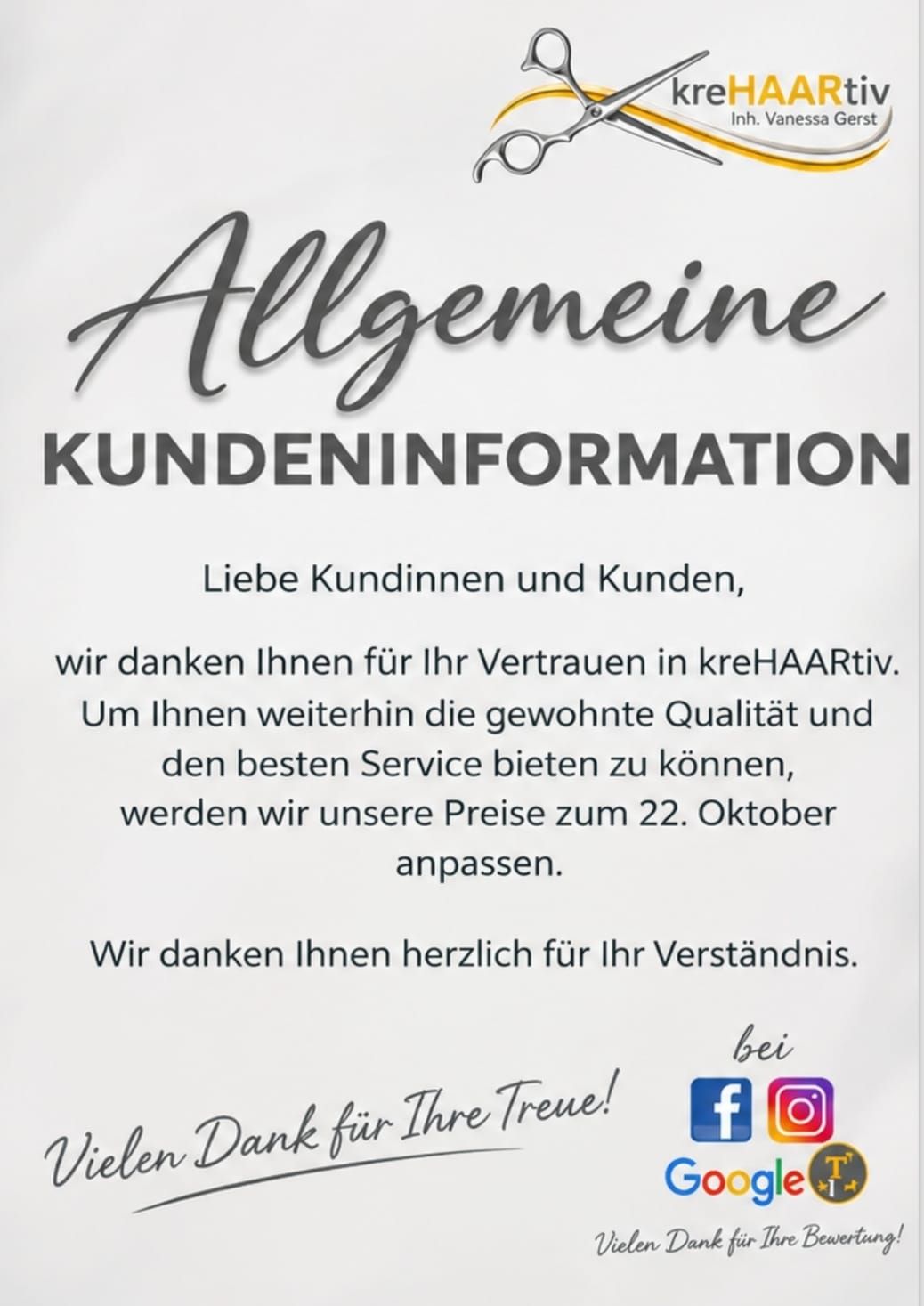 Allgemeine Kundeninformation zur Preisanpassung bei KreHAARtiv Hambach