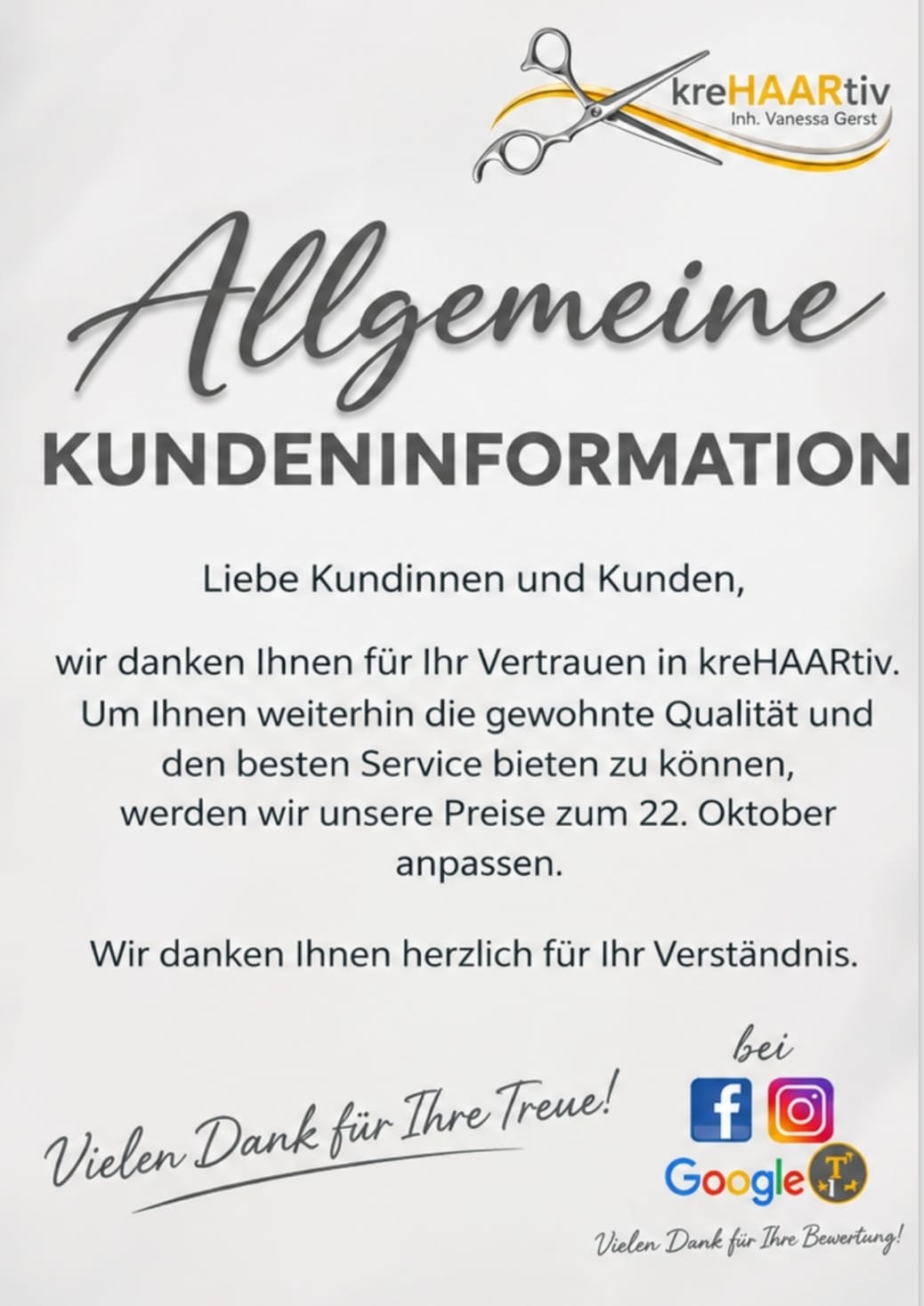 Allgemeine Kundeninformation: Preisanpassung zum 22. Oktober bei KreHAARtiv Hambach